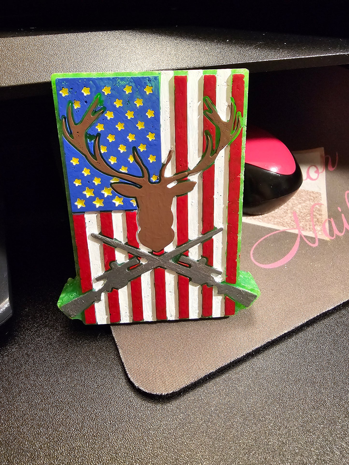 American Flag and Deer with Rifles